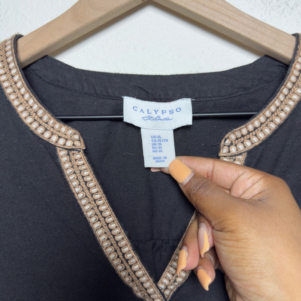 Calypso St. Barth Women Cotton Flax Blouse XL Black Floral Embroidered V-Neck - Picture 3 of 7